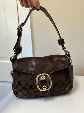 Coach Dark Brown Signature Canvas and Leather Shoulder Bag